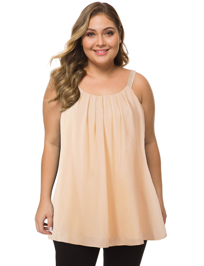 plus-size-tops-for-women-pleated-tank-cami-beige