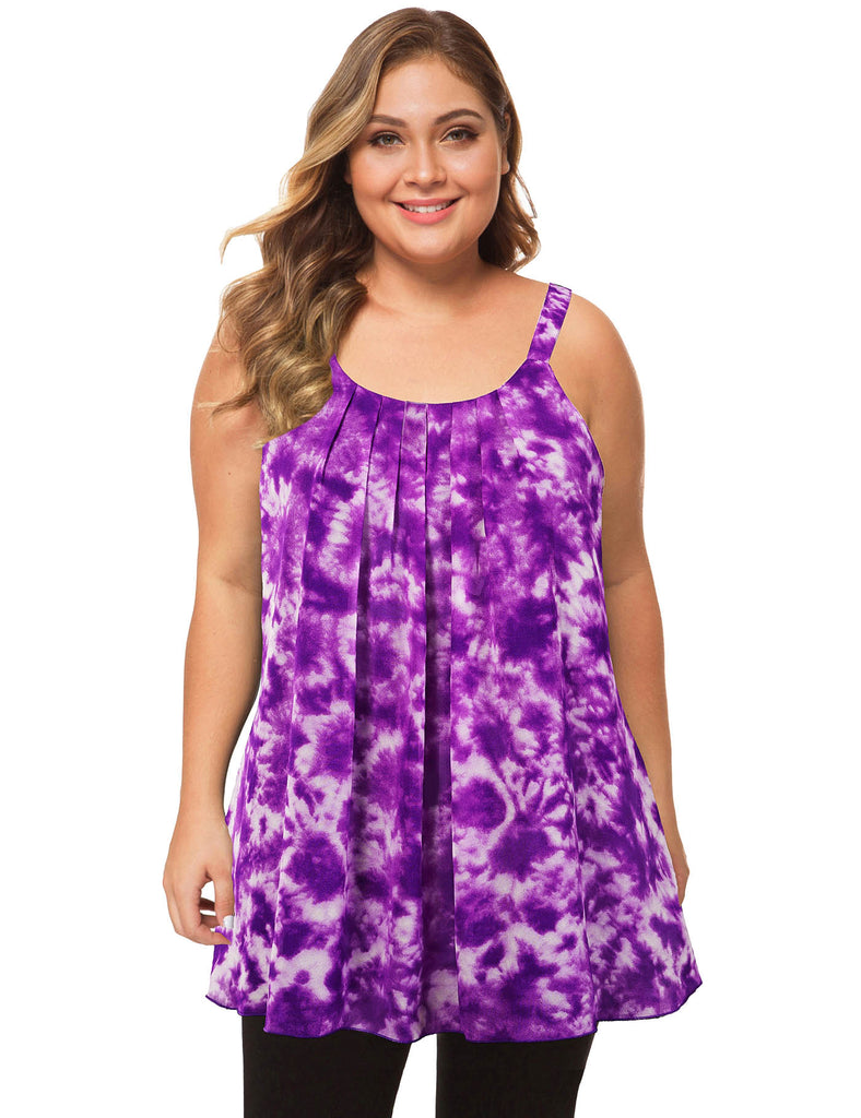 plus-size-tops-for-women-pleated-tank-cami-tie-dye-purple